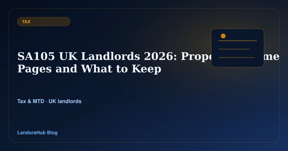 LandoraHub guide graphic for SA105 property income and landlord tax records.